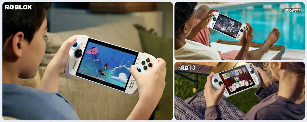 ASUS ROG Xbox Ally RC73YA biały przedstawienie konsoli podczas użytkowania i grania w gry ergonomiczne kontrolery analogowe drążki spusty naturalny chwyt dokładne sterowanie