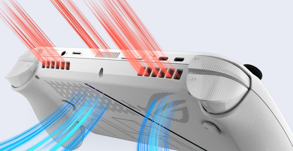 ASUS ROG Xbox Ally RC73YA biały pokazanie wlotów wentylacyjnych i kierunków przepływu powietrza na jasnym tle system chłodzenia wentylator stabilna temperatura ROG Intelligent Cooling