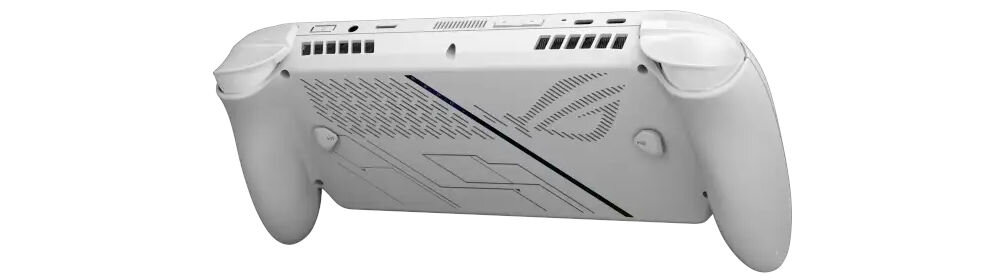 ASUS ROG Xbox Ally RC73YA biały prezentacja konsoli od przodu pod kątem na białym tle port USB-C 3.2 DisplayPort Power Delivery 3.0 podłączenie zewnętrznego ekranu