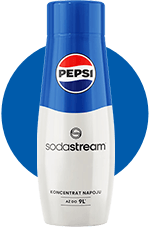 Butelka z niebieską nakrętką i logo Pepsi na górze, poniżej napis \'sodastream\'. Na dole widnieje tekst \'KONCENTRAT NAPOJÓW AŻ DO 9L\'.