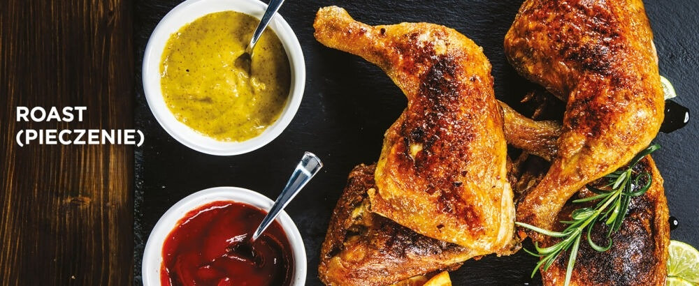 Air Fryer Frytkownica beztłuszczowa NINJA AF200EU z podwójnym koszem  ciemne tło mięso żółty sos czerwony sos chrupiąca skórka pieczenie do przygotowywania warzyw, mięs, filetów rybnych ciast równomierne rozprowadzanie ciepła chrupiąca skórka soczyste wnętrze zachowanie naturalnego smaku składników 