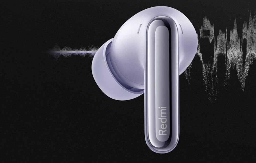 Słuchawki Redmi Buds 6 Pro sluchawka widoczna z zarysem dzweku ktory wchodzi do niej i jest redukowany - jakosc dzwieku technologia ultraszerokopasmowa krystalicznie czyste dzwieki jakosc