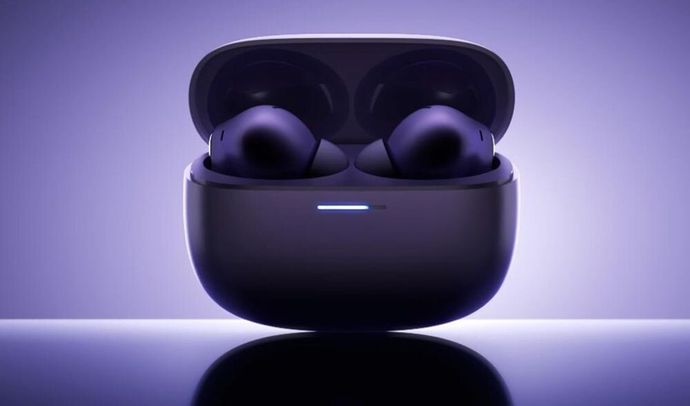 Słuchawki Redmi Buds 6 Pro sluchawki wlozone do etui, na fioletowym tle - wskaznik swietny kolorystyka dodatki bateria funkcjonalnosc
