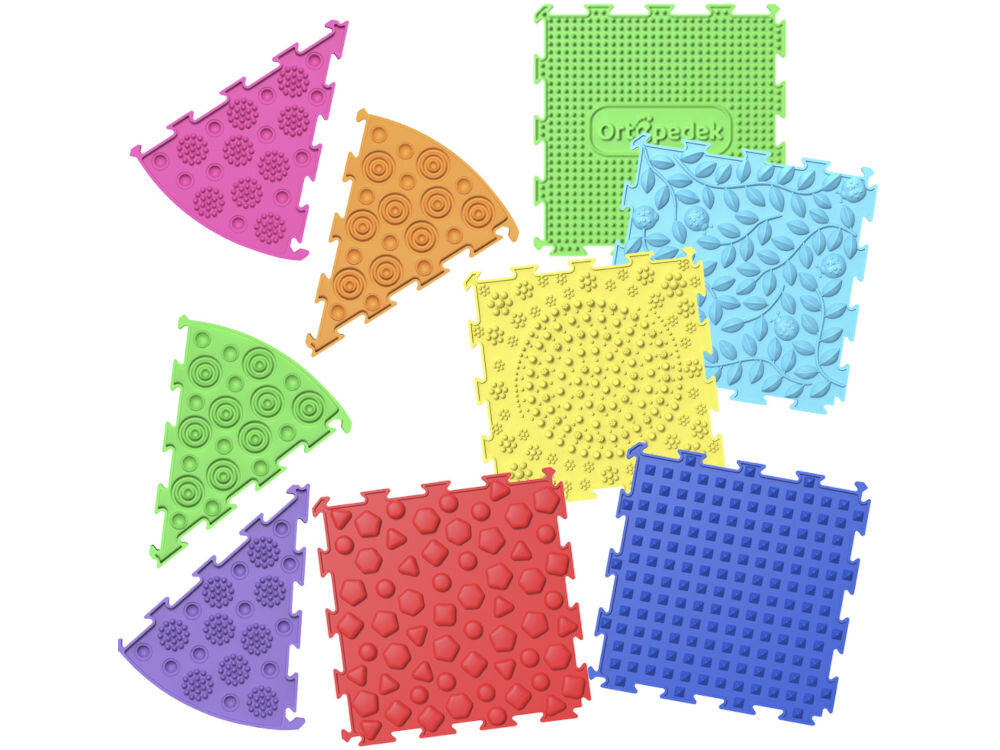 Mata sensoryczna ORTOPEDEK 910169 Zestaw mat (9 elementów) Wielokolorowy Zestaw kolorowych puzzli i mat ortopedycznych Ortopedek o różnych kształtach i teksturach do ćwiczeń stóp i integracji sensorycznej na białym tle.