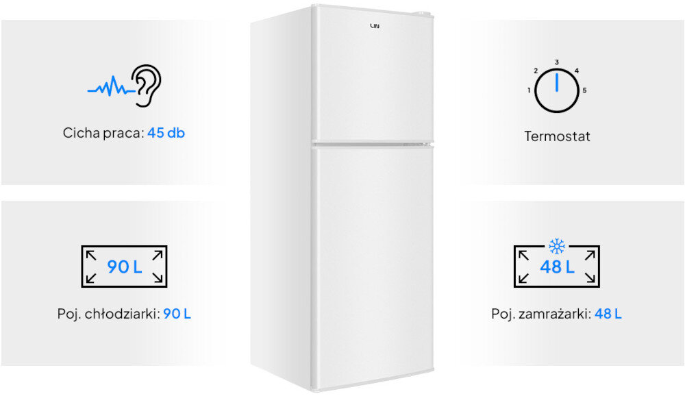 LODÓWKA LIN LI-BCD-138 BIAŁA lodówka front zamknięta pojemność termostat poziom głośności Prosta obsługa i niezawodność Ręczne odmrażanie cicha praca 45 dB Regulowane nóżki