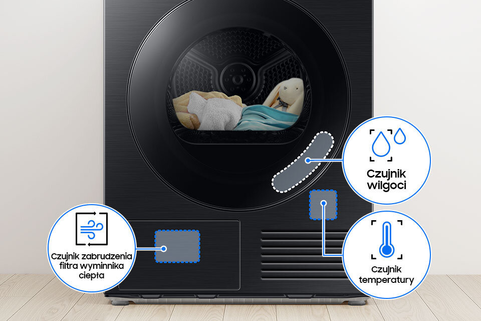 Zdjęcie przedstawia suszarkę Bespoke AI 9kg DV90DB7845GBU4 z oznaczonymi czujnikami: wilgoci, temperatury oraz zabrudzenia filtra wymiennika ciepła.