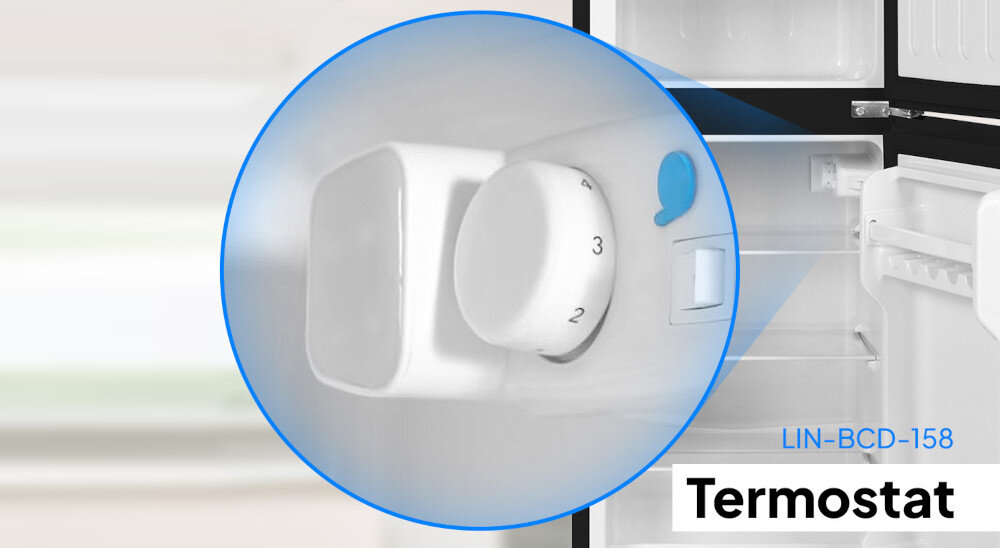LODÓWKA LIN LI-BCD-158 CZARNA zbliżenie wnętrze lodówki termostat pokrętło regulacja temperatury ustawienia świeże produkty
