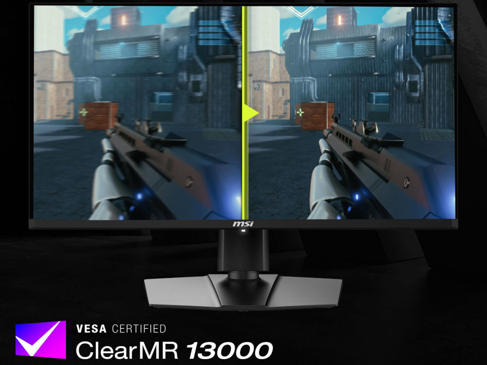 Monitor MSI Mag 271QP QD-OLED X24 26.5 cala 2560x1440px 240Hz 0.03ms [GTG] prezentacja monitora na ciemnym tle pokazanie działanie w grze strzelance certyfikat VESA ClearMR 13000 odwzorowanie kolorów 10-bit MSI QD Premium (Delta E ≤ 2) DCI-P3: 99% / sRGB: 138%