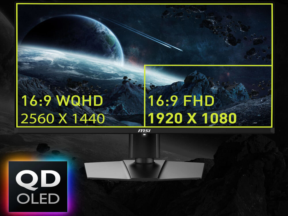 Monitor MSI Mag 271QP QD-OLED X24 26.5 cala 2560x1440px 240Hz 0.03ms [GTG] prezentacja monitora na galaktycznym tle rozmiary 26,5 cala kąt widzenia 178 matowa powłoka układ subpikseli odwzorowanie detali komfort