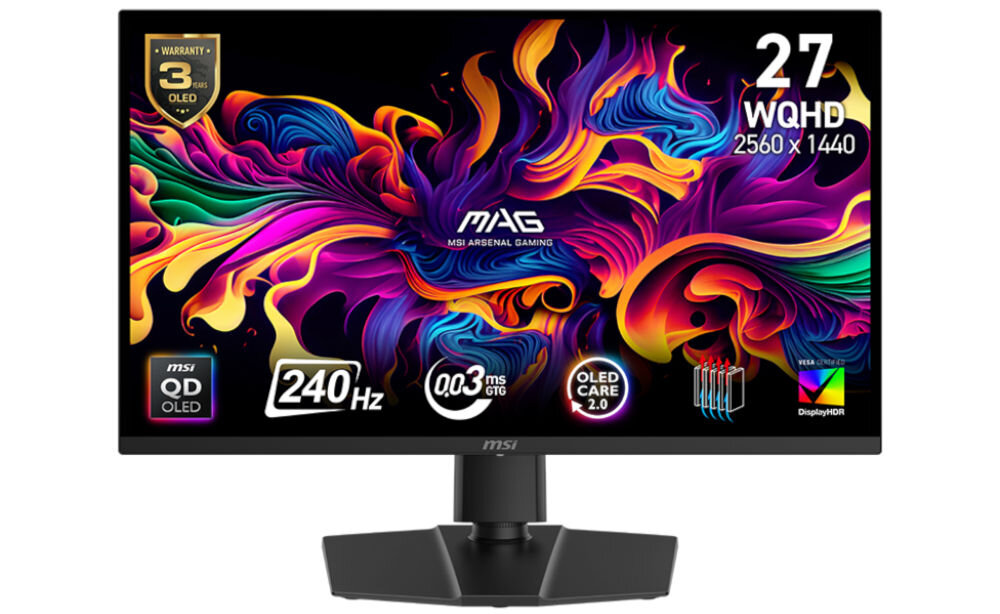 Monitor MSI Mag 271QP QD-OLED X24 26.5 cala 2560x1440px 240Hz 0.03ms [GTG] prezentacja monitora od przodu na białym tle OLED HDR 250/450 nitów kontrast 1500000:1 sterowanie pojedynczych pikseli głęboka czerń widoczne detale