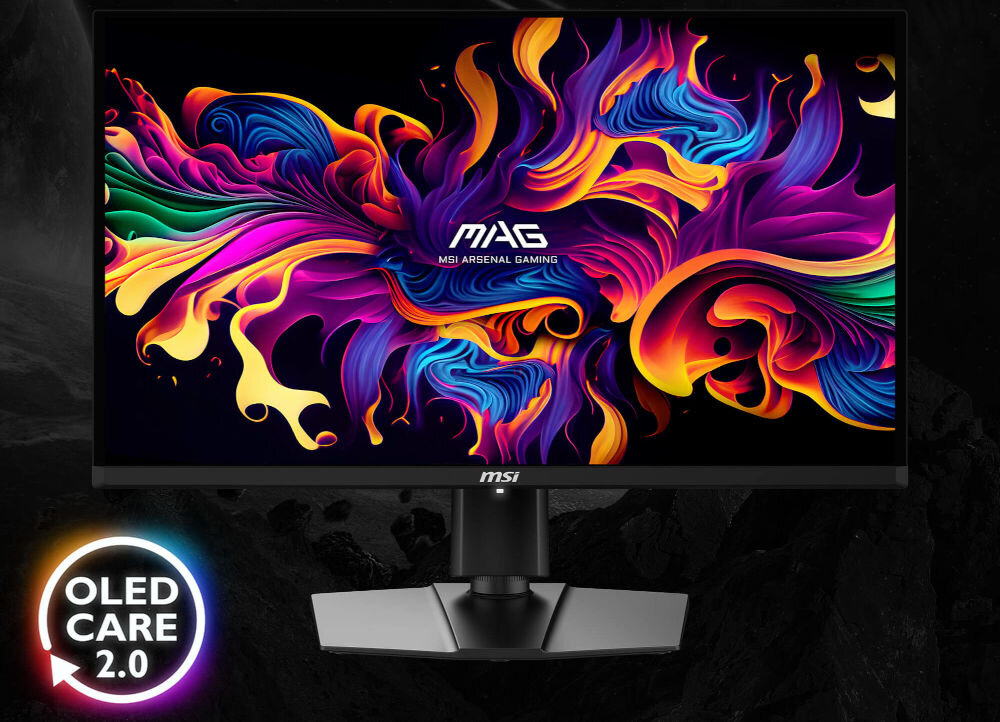 Monitor MSI Mag 271QP QD-OLED X24 26.5 cala 2560x1440px 240Hz 0.03ms [GTG] prezentacja monitora na ciemnym tle napis OLED Care 2.0 MSI OLED Care 2.0 zabezpieczenia wypalenie pikseli wykrywanie obecności paska zadań