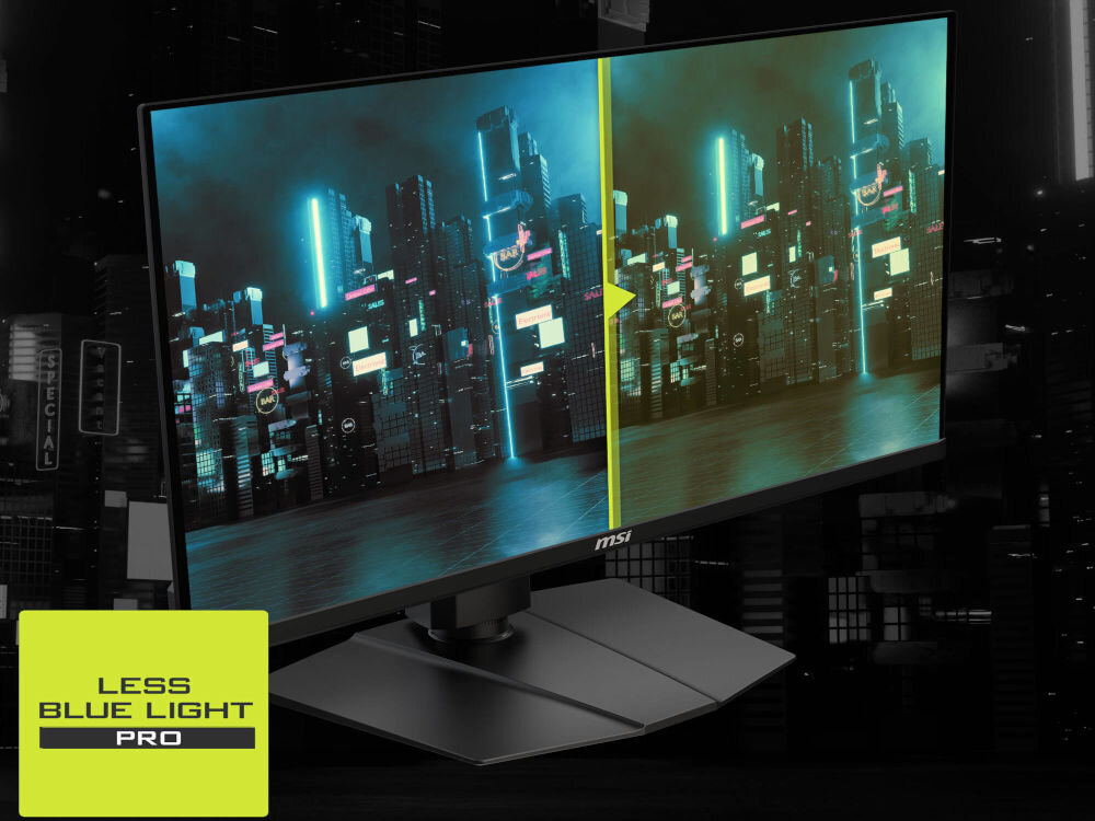 Monitor MSI Mag 271QP QD-OLED X24 26.5 cala 2560x1440px 240Hz 0.03ms [GTG] prezentacja monitora na ciemnym tle porównanie powłoki Less Blue Light Pro i zwykłej filtr niebieskiego światła TÜV Rheinland ochrona wzroku komfort pracy
