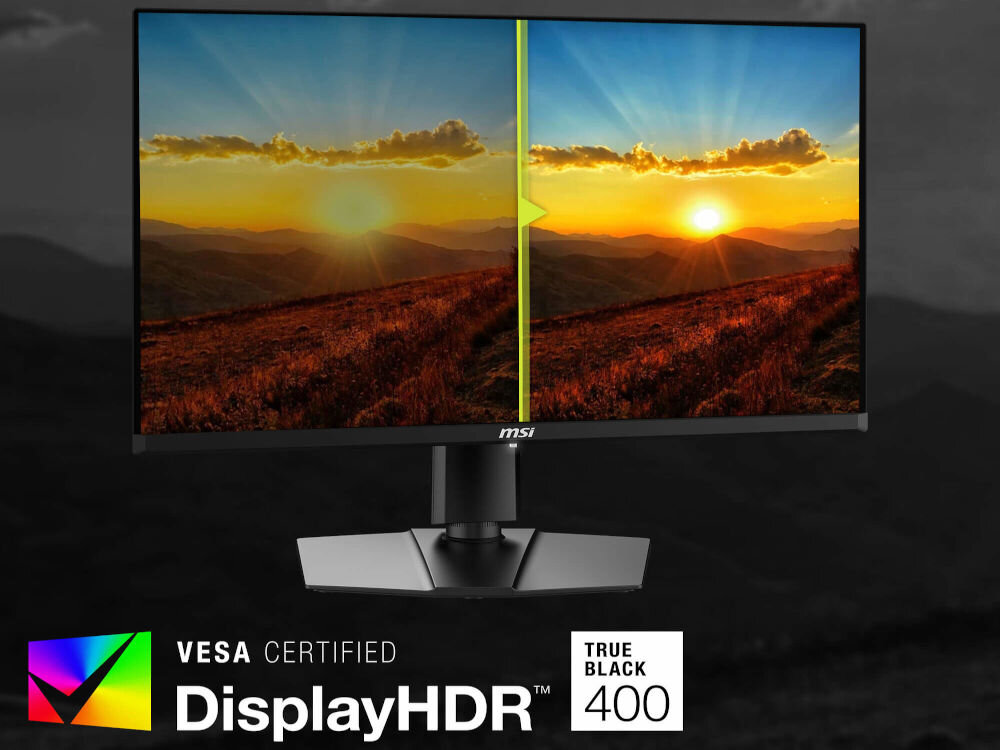 Monitor MSI Mag 271QP QD-OLED X24 26.5 cala 2560x1440px 240Hz 0.03ms [GTG] prezentacja monitora na szarym tle krajobrazu porównanie VESA DisplayHDR True Black 400 i zwykłej DisplayHDR True Black 400 kontrast jasność szczegóły w ciemnych scenach odwzorowanie szczegółów certyfikat VESA DisplayHDR True Black 400 naturalne przejścia zgodność