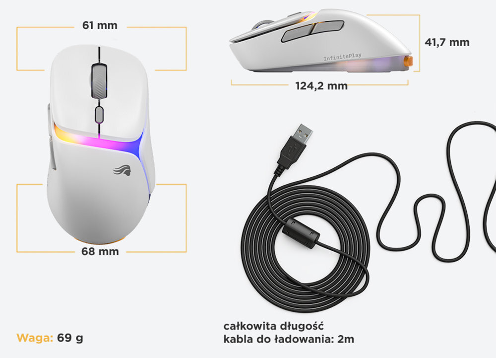 Glorious Gaming Model D3 wymiennych baterii Model D3 69 gramów oryginalnego Modelu D małych i dużych dłoni szponowego, palcowego czy dłoniowego - prezentacja wymiarów i wagi myszy