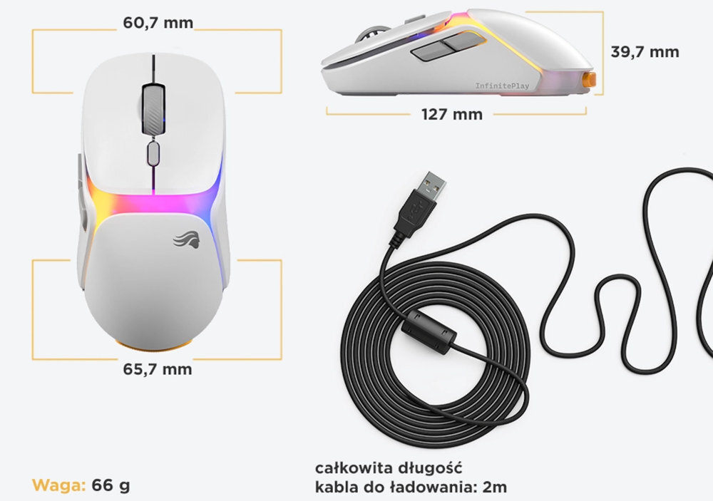 Glorious Gaming Model O3 wymiennych baterii Model O3 66 gramów oryginalnego Modelu D małych i dużych dłoni szponowego, palcowego czy dłoniowego - prezentacja wymiarów i wagi myszy