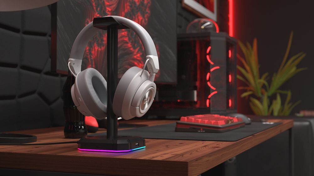 Słuchawki REDRAGON Spectra Pro H889WG przetworniki 53 mm impedancja 64 ohm mocne brzmienie, słuchawki stojące na stojaku na biurku