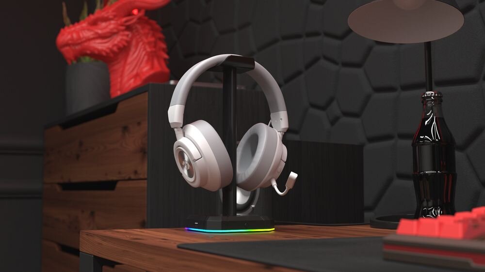 Słuchawki REDRAGON Spectra Pro H889WG łączność USB 2.4 GHz Bluetooth jack 3.5 mm zestaw akcesoriów, słuchawki stojące na stojaku na biurku