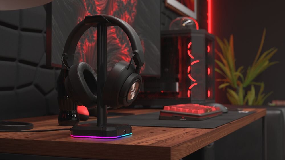 Słuchawki REDRAGON Spectra Pro H889 przetworniki 53 mm impedancja 64 ohm mocne brzmienie, słuchawki stojące na stojaku na biurku