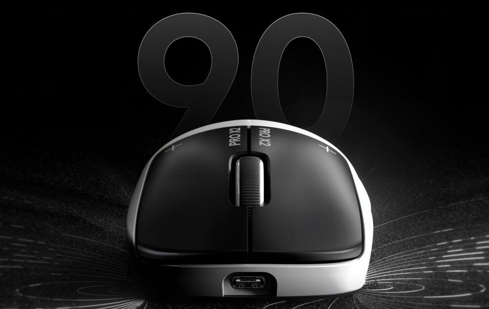 LOGITECH G Pro X2 Superstrike 90 godzin przewód USB-A do USB-C. systemem ładowania bezprzewodowego POWERPLAY 2 - mysz naciemnym tle, za urządzeniem liczba 90