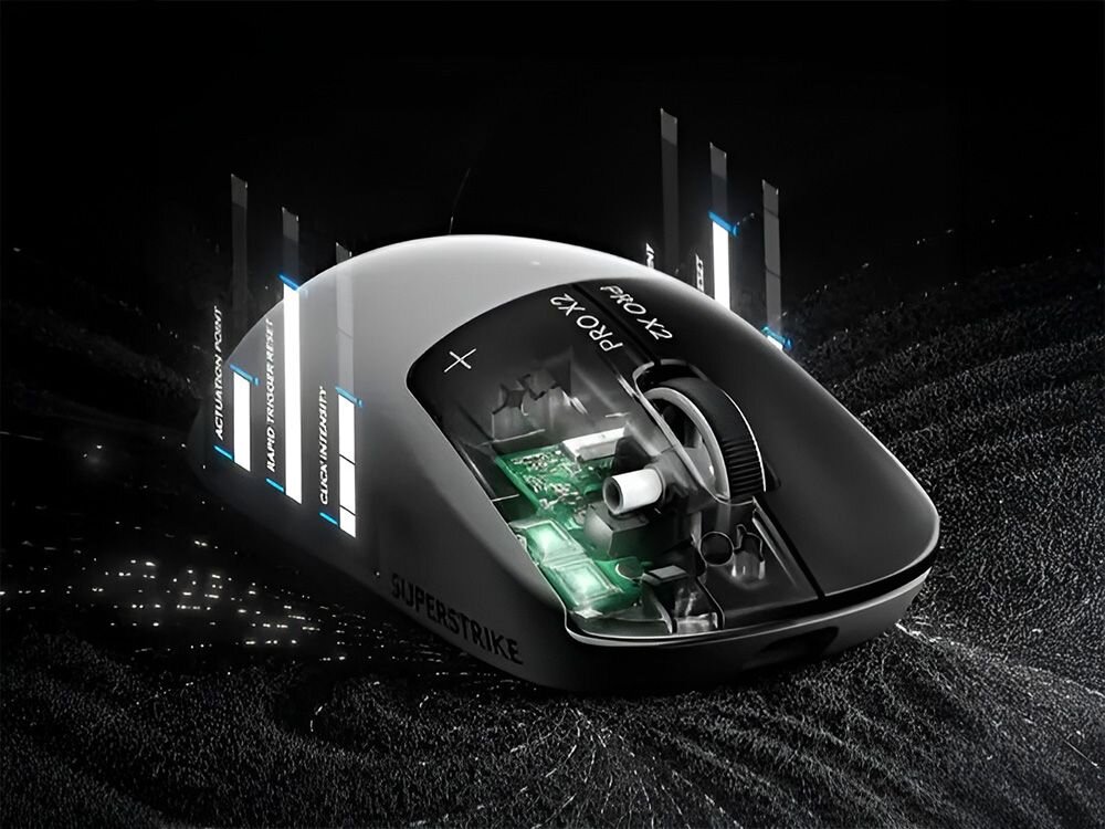 LOGITECH G Pro X2 Superstrike Indukcyjny system pomiarowy haptyczne sprzężenie zwrotne sześciu poziomów intensywności - podgląd na wnętrze myszki przez przezroczyste klawisze