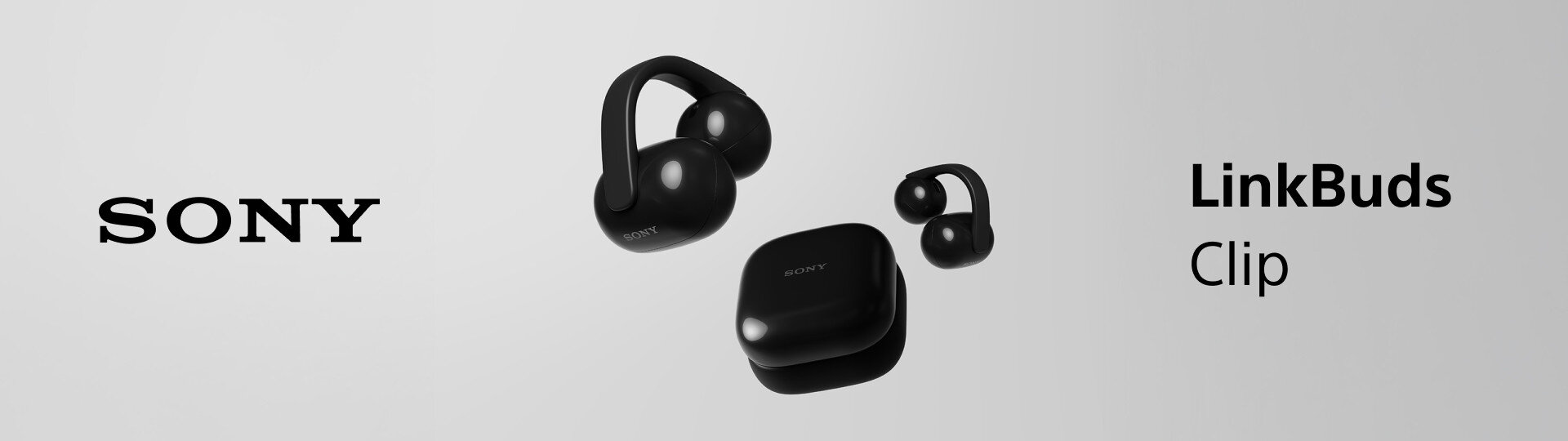 Słuchawki powietrzne SONY LinkBuds WF-LC900 Czarny, słuchawki, sony, muzyka, komfort, na szarym tle napis SONY, słuchawki Linkbuds oraz napis linkbuds clip