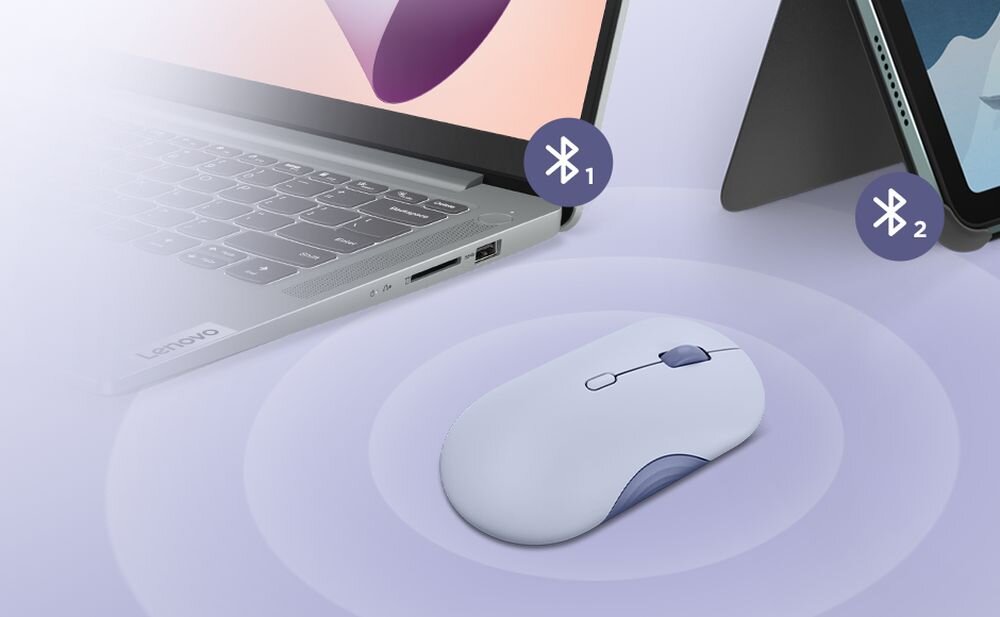 LENOVO 350 technologią Bluetooth® 5.3. Stabilne i energooszczędne połączenie przełączać się między dwoma urządzeniami Bezprzewodowa mysz Lenovo popularnymi systemami operacyjnymi - mysz z polem bluetooth