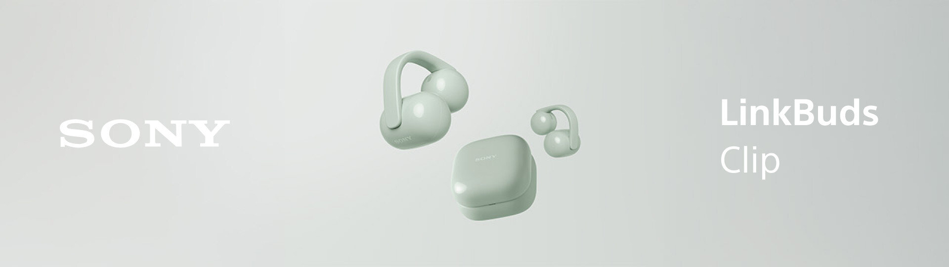 Słuchawki powietrzne SONY LinkBuds WF-LC900 Zielony, słuchawki, sony, muzyka, komfort, na szarym tle napis SONY, słuchawki Linkbuds oraz napis linkbuds clip