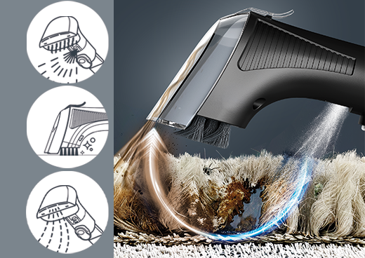 Obraz przedstawia końcówkę odkurzacza piorącego czyszczącą dywan, z efektem wizualnym pokazującym przepływ powietrza i wody. Po lewej stronie znajdują się trzy ikony ilustrujące różne funkcje urządzenia.