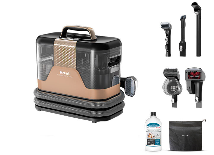 Na obrazie widoczny jest odkurzacz piorący z napisem \'Tefal Clean It Hot&Cold\' oraz różne akcesoria, w tym butelka płynu czyszczącego i torba z napisem \'Clean It\'.