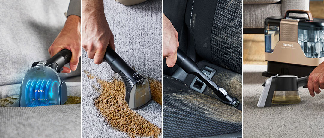 Cztery zdjęcia przedstawiają różne zastosowania odkurzacza piorącego z widocznym logo Tefal. Urządzenie jest używane do czyszczenia dywanów, tapicerki samochodowej i zbierania płynów, a w tle widoczny jest pojemnik na wodę.