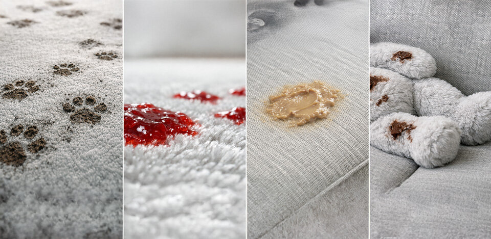 Obraz przedstawia cztery różne rodzaje zabrudzeń na tkaninach: ślady łap, plamy z czerwonej substancji, plamę z jasnobrązowej substancji oraz zabrudzone pluszowe misie.