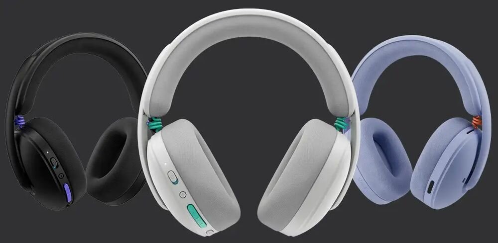 Słuchawki LOGITECH G325 Lightspeed bezprzewodowy zestaw gamingowy Lightspeed 24 bit mikrofon beamforming 24h pracy, trzy pary słuchawek na ciemnym tle
