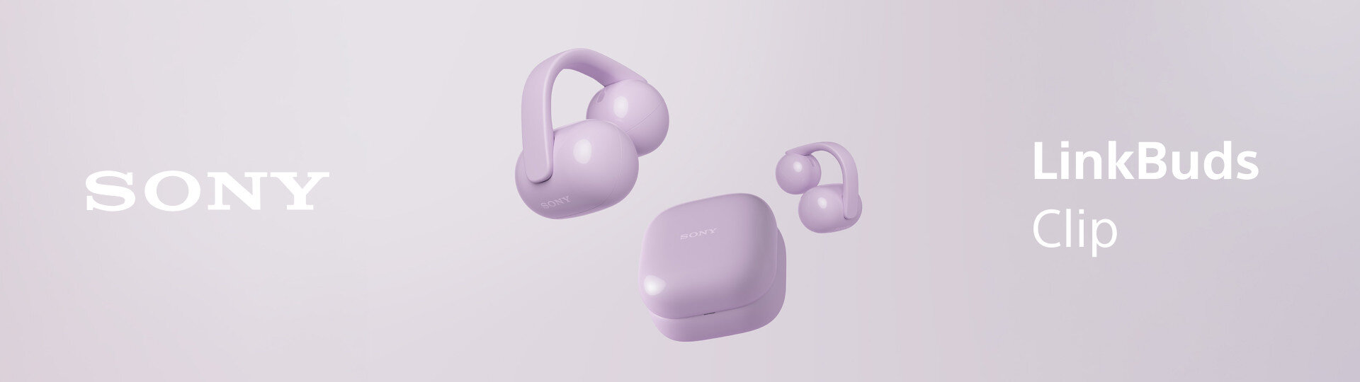 Słuchawki powietrzne SONY LinkBuds WF-LC900 Lawendowy, słuchawki, sony, muzyka, komfort, na szarym tle napis SONY, słuchawki Linkbuds oraz napis linkbuds clip
