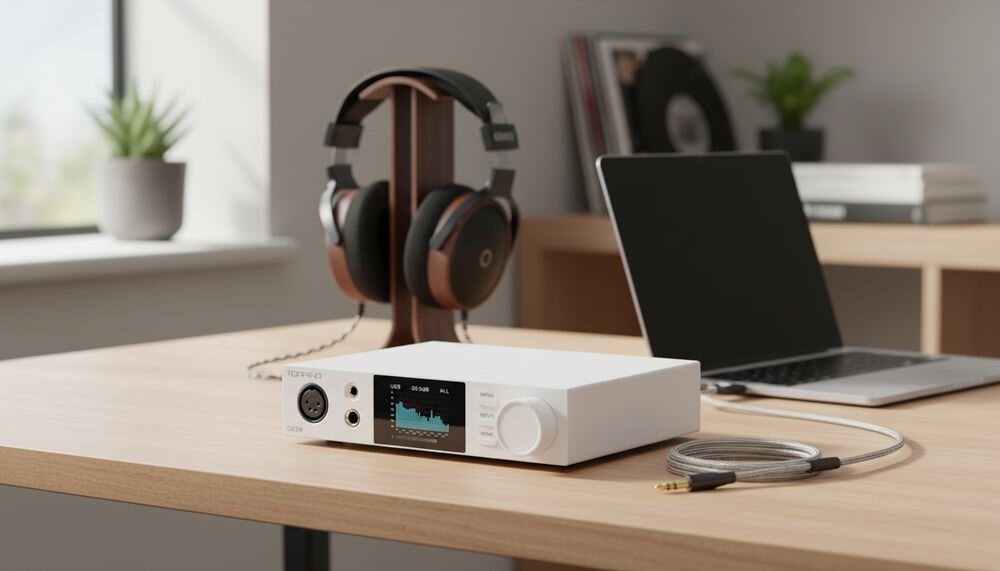 TOPPING DX5 MK2 DAC wzmacniacz słuchawkowy HiFi, urządzenie stojące na biurku obok pomieszczenia