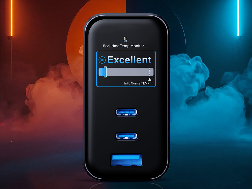Ładowarka z aktywnym systemem monitorowania temperatury w czasie rzeczywistym i komunikatem Excellent.