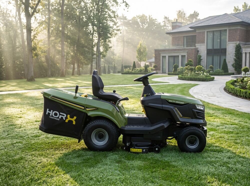 Traktor ogrodowy HORX MEX TS 186 M D452 860mm 9.2kW, traktor, wygoda, manewrowanie, koszenie, Traktorek kosiarka HORX zaparkowany na trawniku przed nowoczesnym domem jednorodzinnym.