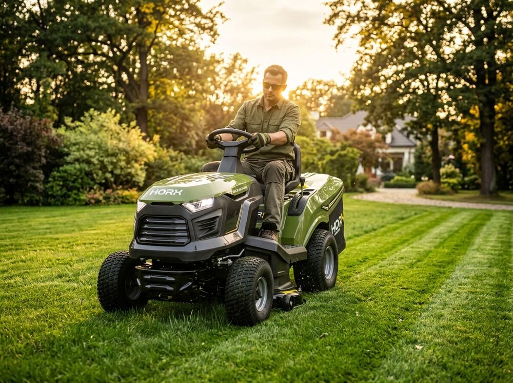 Traktor ogrodowy HORX MEX TS 186 M D452 860mm 9.2kW, konstrukcja, podwozie, stabilność, trwałość, Zbliżenie na akumulator 12V pod podniesionym fotelem traktorka kosiarki HORX.