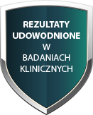 Grafika przedstawia tarczę z tekstem: \'REZULTATY UDOWODNIONE W BADANIACH KLINICZNYCH\'.
