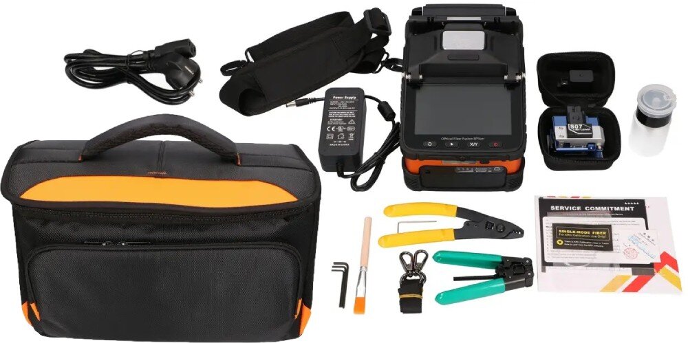 Spawarka światłowodowa EXTRALINK AI-5 Pro Zestaw akcesoriów ułożony na białym tle