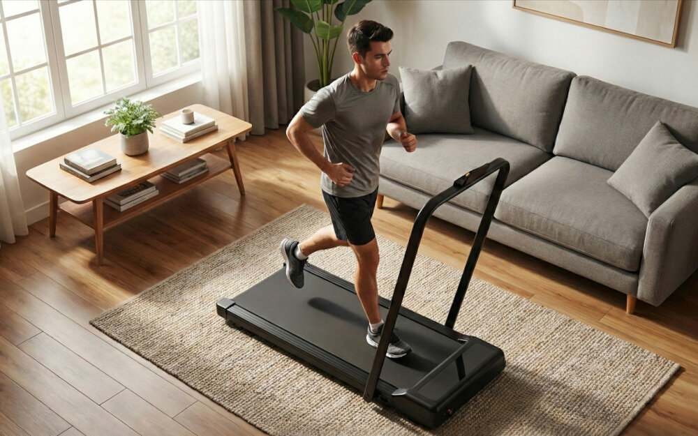 Bieżnia elektryczna EXTRALINK Moonwalk Flux EX.91414 12km-h pokój osoba biegnie na bieżni ustawionej w pokoju wokół meble w tle okno trening w domu ruch zdrowie kondycja