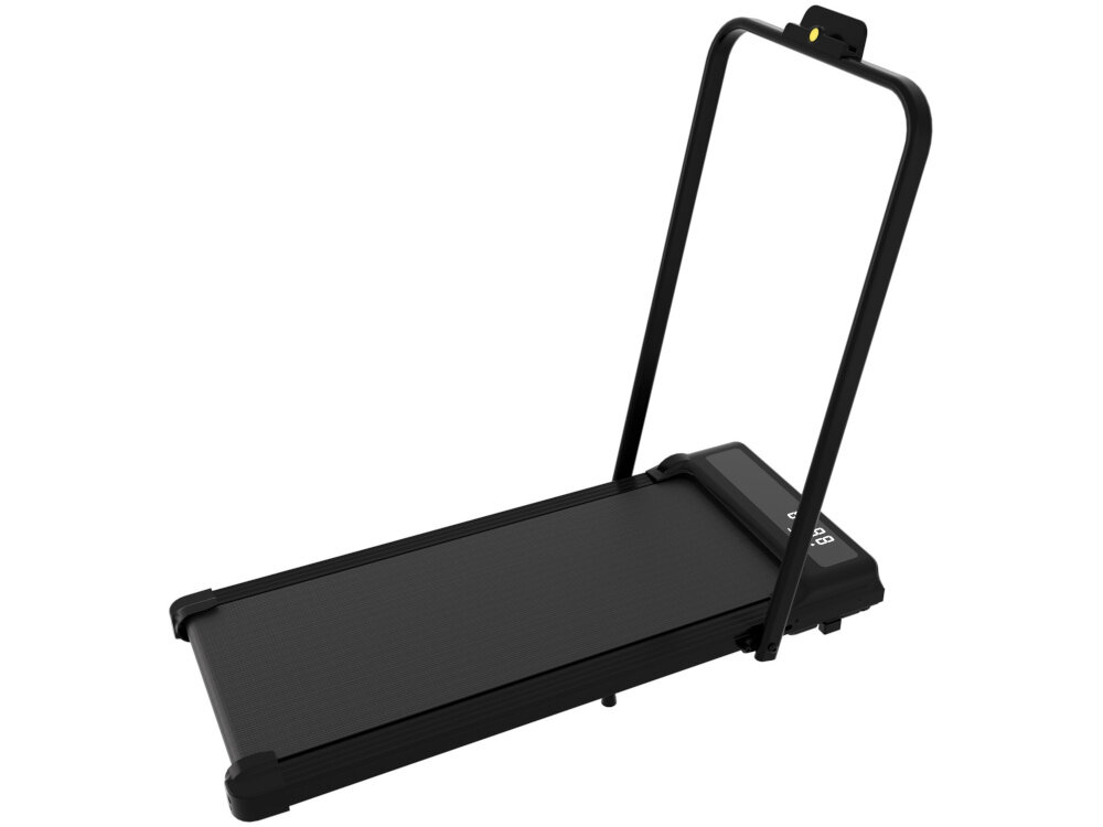 Bieżnia elektryczna EXTRALINK Moonwalk Flux EX.91414 12km-h bieżnia na białym tle widoczna pod skosem można trenować w mieszkaniu do spokojnych spacerów truchtu szybszego biegu regulacja prędkości od 1 do 12 km/h można poprawić kondycję zadbać o sylwetkę spalać kalorie ułatwia budowanie zdrowych nawyków i oszczędza czas