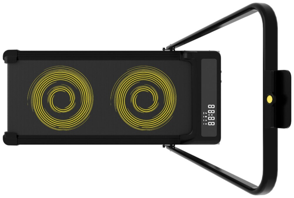 Bieżnia elektryczna EXTRALINK Moonwalk Flux EX.91414 12km-h bieżnia na białym tle widoczna z góry na pasie bieżnym kółka pokazujące strefy amortyzacji system amortyzacji redukuje wstrząsy zmniejsza się obciążenie kolan oraz stawów skokowych większy komfort ćwiczeń pozwala trenować częściej bez nadmiernego przeciążania układu ruchu