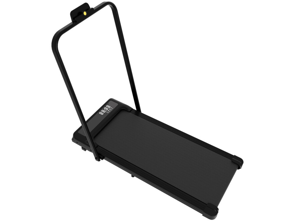 Bieżnia elektryczna EXTRALINK Moonwalk Flux EX.91414 12km-h bieżnia na białym tle widoczna pod skosem solidna konstrukcja udźwig do 120 kg waga około 25 kg wymiary rozłożonej bieżni 64 x 131,5 x 105 cm komfortowa przestrzeń do ćwiczeń sprzęt jest gotowy do użycia zaraz po wyjęciu z pudełka