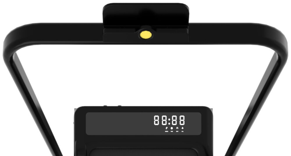 Bieżnia elektryczna EXTRALINK Moonwalk Flux EX.91414 12km-h zbliżenie na uchwyt na telefon białe tło wbudowany uchwyt na telefon można korzystać z aplikacji biegowych, oglądać filmy, słuchać muzyki lub prowadzić rozmowy ogranicza ryzyko przesunięcia urządzenia w trakcie biegu, komfort i bezpieczeństwo