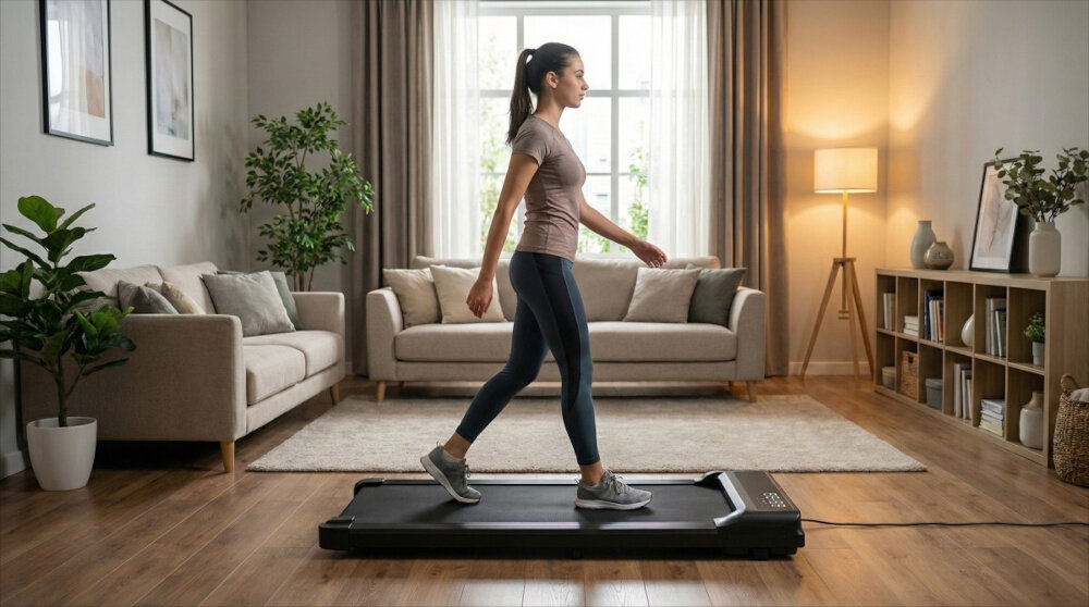 Bieżnia elektryczna EXTRALINK Moonwalk Luna EX.91377 6km-h pokój osoba idzie na bieżni ustawionej w pokoju wokół meble w tle okno trening w domu ruch zdrowie kondycja