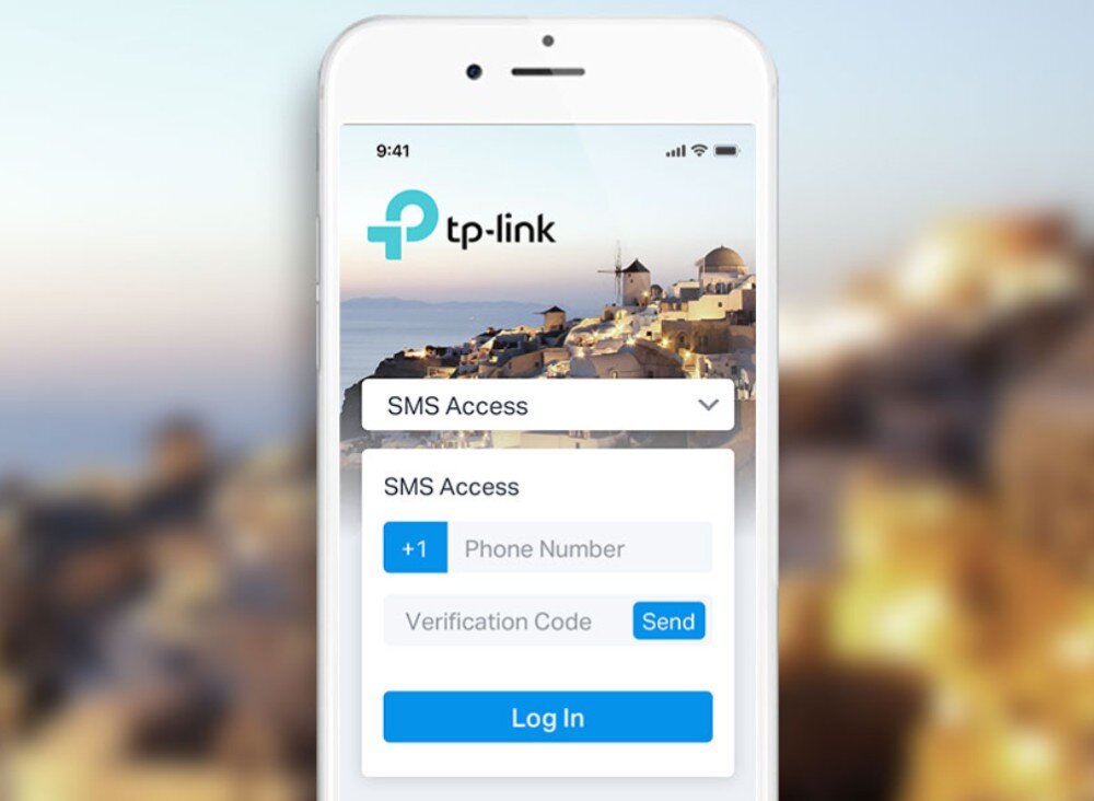Punkt dostępowy TP-LINK EAP115 Ekran smartfona z aplikacją logowania do sieci, z opcją dostępu przez SMS i polem do wpisania numeru telefonu oraz kodu weryfikacyjnego, uwierzytelnianie, szyfrowanie