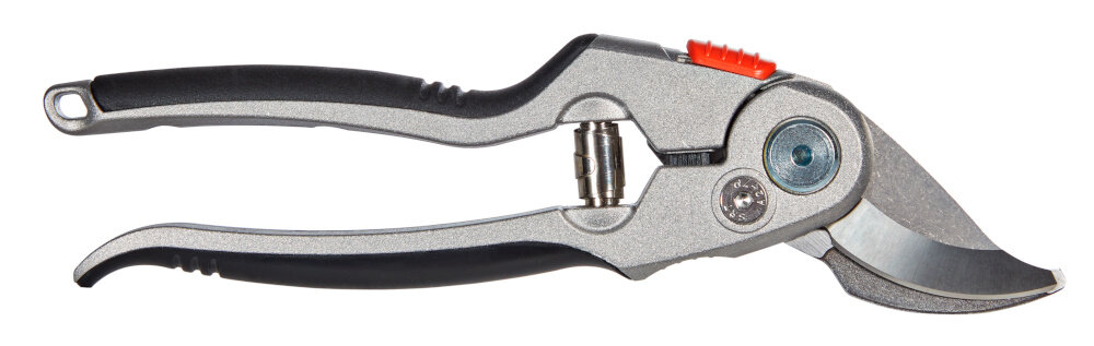 Sekator ręczny GARDENA BP 50 8702-20 białe tło sekator widoczny z boku waga 0,26 kg zmniejsza obciążenie dłoni i nadgarstków pochylona głowica tnąca długość całkowita 215 mm poręczny i wygodny w manewrowaniu solidny