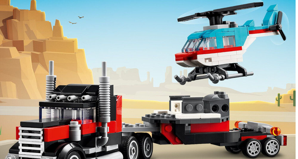 KLOCKI LEGO CREATOR 3IN1 CIĘŻARÓWKA Z PLATFORMĄ I HELIKOPTEREM 31146