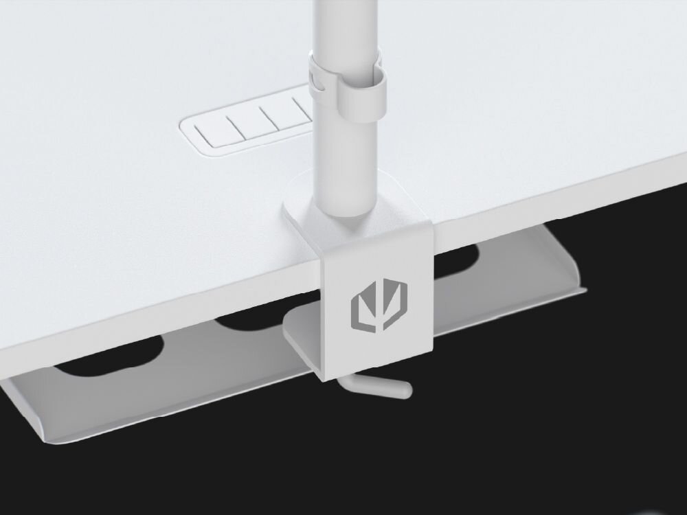 Biurko ENDORFY Atlas S Electric Biały Wycięcie na tyle blatu biurka Endorfy Atlas S Electric, z zamontowanym uchwytem na monitor frezowane wycięcie montaż na uchwyt do monitora prowadzenie przewodów półka pod blatem