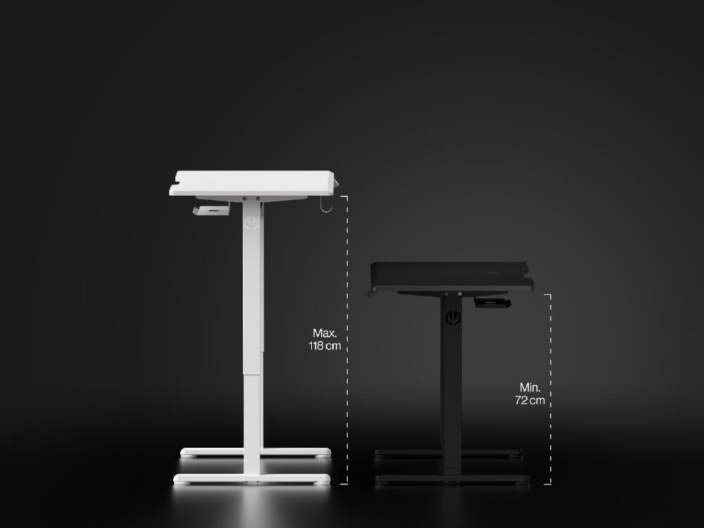 Biurko ENDORFY Atlas S Electric Czarny – porównanie zakresu regulacji wysokości od 72 do 118 cm Elektryczny mechanizm dopasowanie do potrzeb